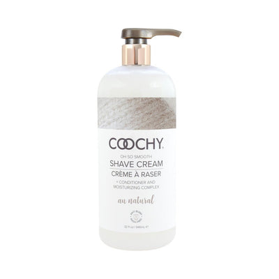 Coochy Au Natural Shave Cream 32oz bottle with pump, fragrance-free formula for smooth, rash-free skin.