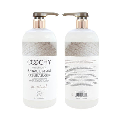 Front and back views of Coochy Shave Cream Au Natural 32oz bottle with pump dispenser and moisturizing formula label.