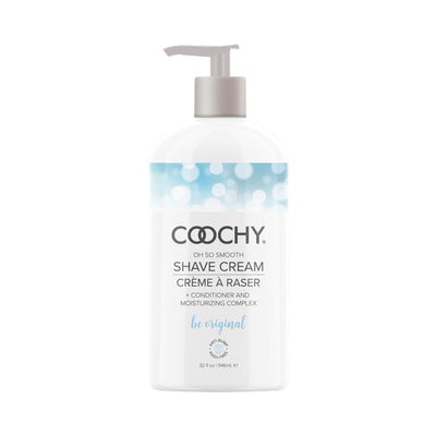 Coochy Be Original shave cream bottle with pump, moisturizing formula for smooth, rash-free skin, 32 fluid ounces.