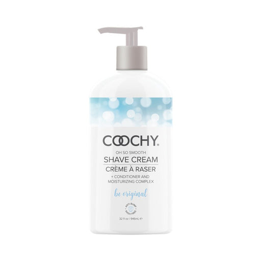 Coochy Be Original shave cream bottle with pump, moisturizing formula for smooth, rash-free skin, 32 fluid ounces.