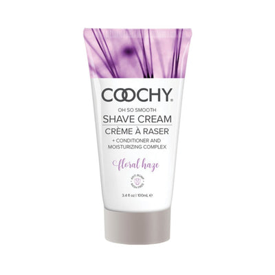 Coochy Floral Haze shave cream tube with purple floral design and moisturizing conditioner formula, 3.4oz size.