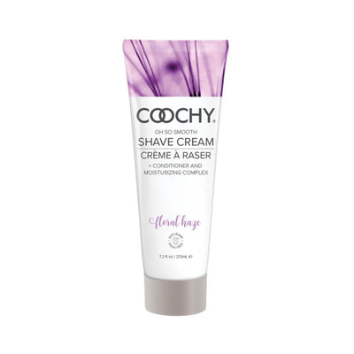 Coochy Floral Haze shave cream tube with purple floral design, moisturizing and anti-bump formula, 7.2 oz size.