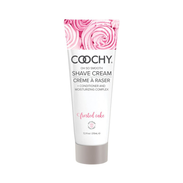 Tube of Coochy Frosted Cake shave cream with pink rose design on cap and white moisturizing formula label.