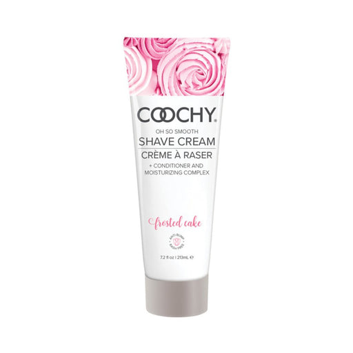 Tube of Coochy Frosted Cake shave cream with pink rose design on cap and white moisturizing formula label.
