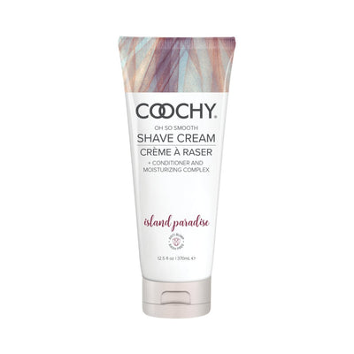 COOCHY Island Paradise shave cream tube with moisturizing complex and anti-bump formula, 12.5 oz packaging.