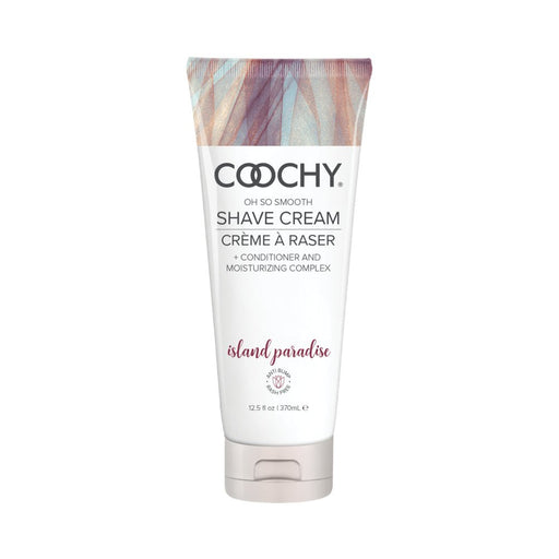 COOCHY Island Paradise shave cream tube with moisturizing complex and anti-bump formula, 12.5 oz packaging.