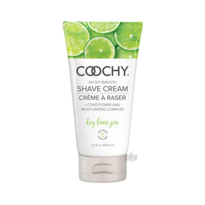 Tube of COOCHY Key Lime Pie shave cream with lime slice design on cap, 3.4 oz moisturizing formula.