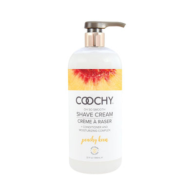 COOCHY Peachy Keen shave cream in a 32 oz pump bottle with peach graphic on label