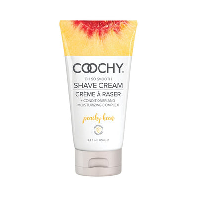 Coochy Peachy Keen shave cream tube with peach design, moisturizing and anti-bump formula, 3.4 oz size