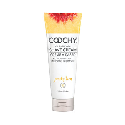 Tube of Coochy Peachy Keen shave cream with peach design on cap, moisturizing and anti-bump formula, 7.2 oz size.