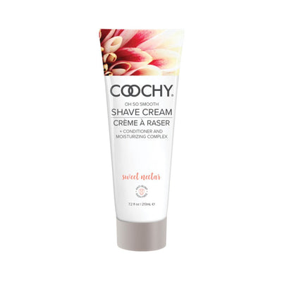 Tube of Coochy Sweet Nectar shave cream with floral design and moisturizing formula, 7.2 oz size.