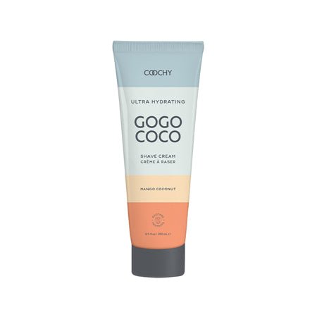 Tube of COOCHY Ultra Hydrating Gogo Coco shave cream in mango coconut scent, 8.5 oz packaging