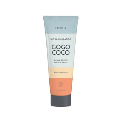 Tube of COOCHY Ultra Hydrating Gogo Coco shave cream in mango coconut scent, 8.5 oz packaging