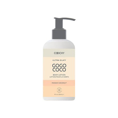 COOCHY Ultra Silky Gogo Coco Mango Coconut body lotion in an 8 oz pump bottle with soft peach and cream label.