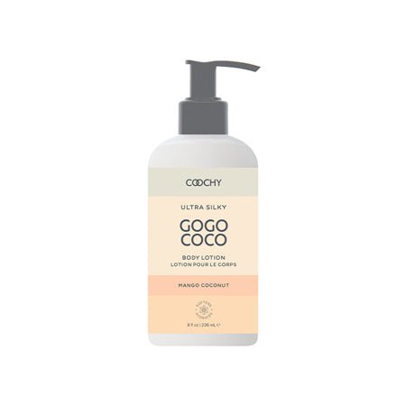COOCHY Ultra Silky Gogo Coco Mango Coconut body lotion in an 8 oz pump bottle with soft peach and cream label.