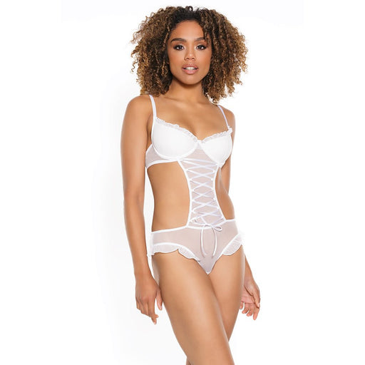 Coquette Mesh Crotchless Open-back Teddy With Corset Detail White S - SexToy.com