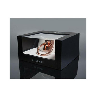 White vegan leather choker with large rose gold metal ring displayed in black Coquette branded box with clear top.