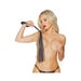 Blonde woman in black lingerie holding a black vegan leather whip with multiple tails and wrist strap against white background.
