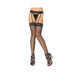 Black fishnet stockings with lace tops and matching garter belt worn with strappy high heels.