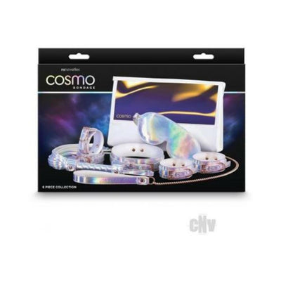 Cosmo Bondage 8-piece kit in holographic rainbow finish with cuffs, collar, leash, blindfold, flogger, and storage pouch.