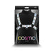 Cosmo Harness Dare Rainbow chest harness with adjustable iridescent straps and silver hardware on black background packaging.