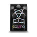 Rainbow-colored adjustable chest harness with rose gold hardware displayed on black background packaging.