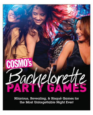 Group of women laughing and dancing at a lively bachelorette party with Cosmo's Bachelorette Party Games text overlay.