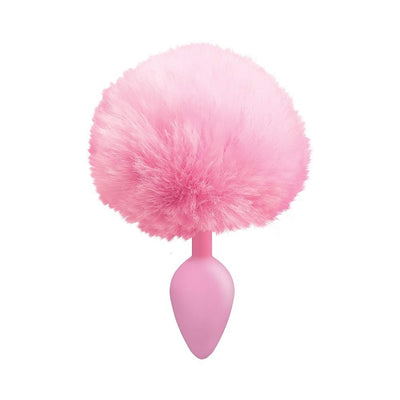Pink silicone anal plug with a large fluffy pink faux fur bunny tail attached.
