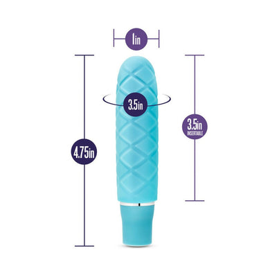 Periwinkle blue mini stimulator with textured surface and size dimensions labeled for length and circumference.