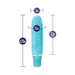 Periwinkle blue mini stimulator with textured surface and size dimensions labeled for length and circumference.