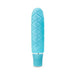 Periwinkle blue mini stimulator with textured diamond pattern and smooth satin finish.
