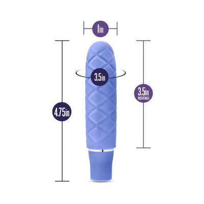 Periwinkle mini stimulator with textured silicone surface, 4.75 inches long and 1 inch wide, showing size and insertable length details.