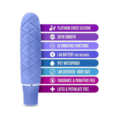 Periwinkle mini vibrator with textured silicone surface and key features listed including waterproof and body-safe materials.