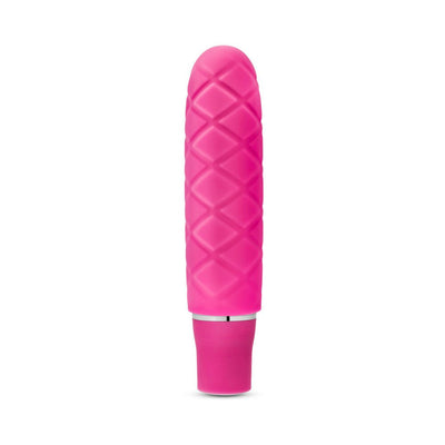 Compact pink silicone mini stimulator with textured diamond pattern and smooth satin finish.