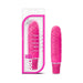 Pink textured mini vibrator with satin finish shown in and out of clear retail packaging.