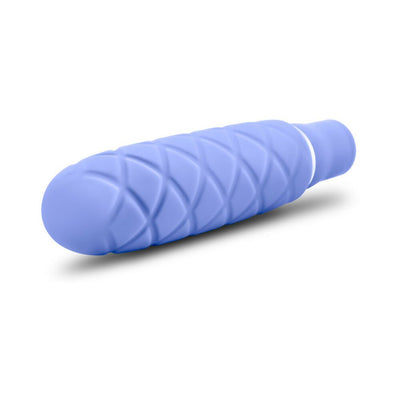 Periwinkle blue compact vibrator with textured silicone surface and smooth satin finish.