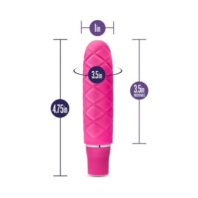 Compact pink textured mini stimulator with size dimensions and insertable length indicated.