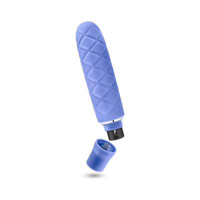 Periwinkle blue textured mini stimulator with removable cap showing battery compartment and spring.