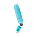 Periwinkle blue mini stimulator with textured silicone surface and removable battery cap shown against white background.