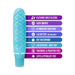 Periwinkle blue textured mini stimulator with key features listed including waterproof, body-safe silicone, and 10 vibration modes.