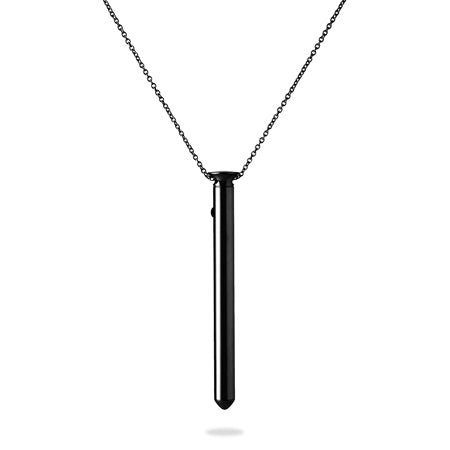 Sleek black stainless steel pendant necklace with a slender cylindrical design and matching chain.