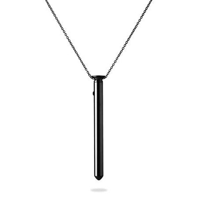 Sleek black stainless steel pendant necklace with a slender cylindrical design and matching chain.