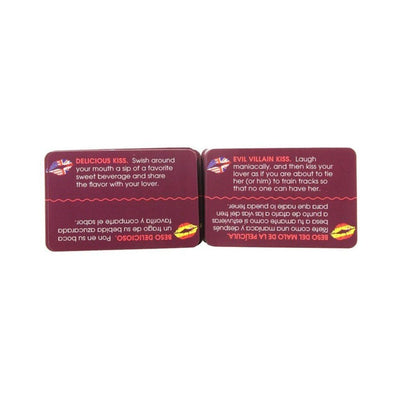 Two maroon cards from the Creative Kisses Game showing playful kissing ideas with bilingual text and kiss icons.