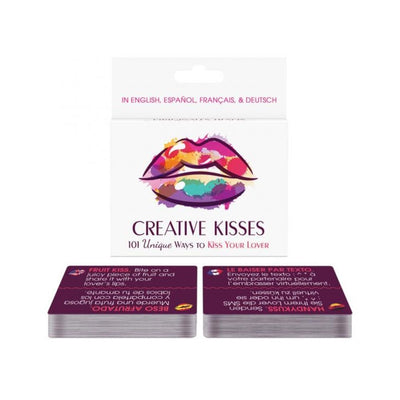 Creative Kisses card game box with colorful lips illustration and two stacks of instruction cards in multiple languages.
