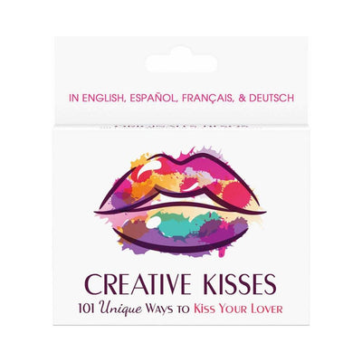 Box of Creative Kisses card game featuring colorful lips artwork and text in multiple languages on a white background.