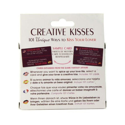 Back of Creative Kisses card game box showing instructions in multiple languages and sample cards for 101 unique ways to kiss your lover.