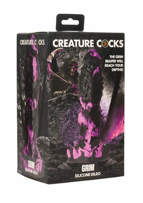 Packaging box for Creature Cocks Grim silicone dildo featuring a purple and black textured design with Grim Reaper artwork.
