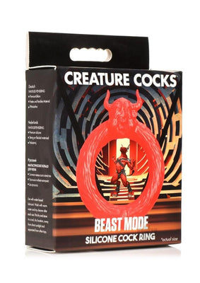 Packaging of Creature Cocks Beast Mode red silicone cock ring featuring a bull head design and fantasy minotaur artwork.