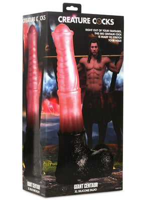 Packaging of Creature Cocks Giant Centaur XL silicone dildo featuring a centaur figure and fantasy-themed background.