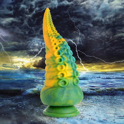 Green and yellow marbled silicone tentacle dildo with suction base against a stormy ocean background with lightning.